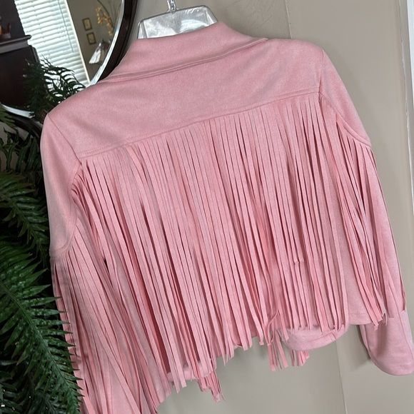 NWOT Pink Fringe Jacket Faux Suede Cropped Western Moto Tassel Cowgirl Pastel - Picture 6 of 14